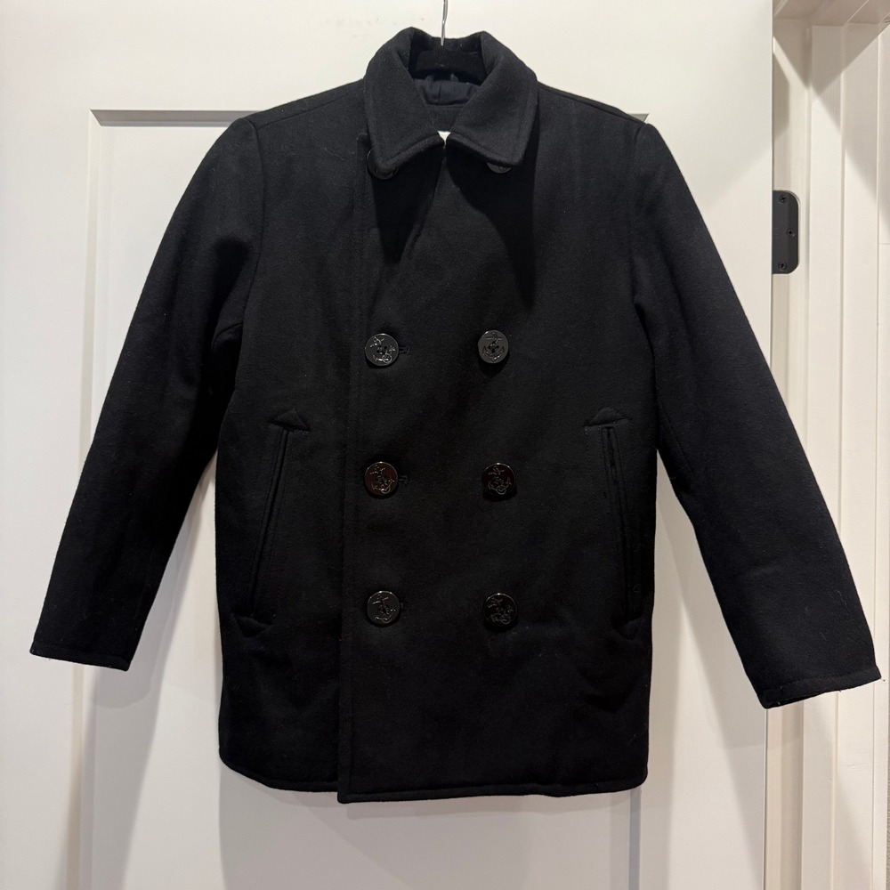 Preppy Nautical Gap Kids Black Wool Blend Peacoat Boys L 10-11 Anchor Buttons